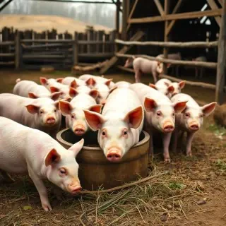 A realistic picture of a barn yard with pigs around a trough