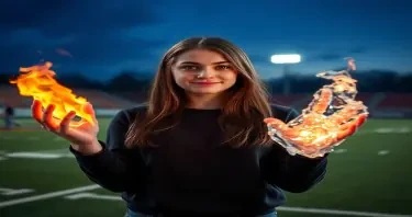 A sixteen year-old high school student with brown hair standing in a football field with one hand glowing with fire, the other hand encased in ice and her eyes glowing red