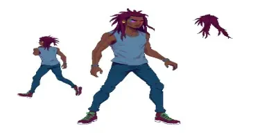 Generate a pixel sprite of a 2d cyberpunk male with dreadlocks. TIleset should include a walking, running, jumping, and standing animation.