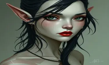 A pale-skinned female elf with red lips and black hair. She has been cursed with undeath and longs to have children.