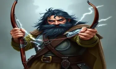A fifth-edition dungeons and dragons character who is a middle-aged dwarf ranger. He has a wide build, black hair, gray eyes, weilds a magical bow that creates lightning arrows, and wears a silver breastplate.