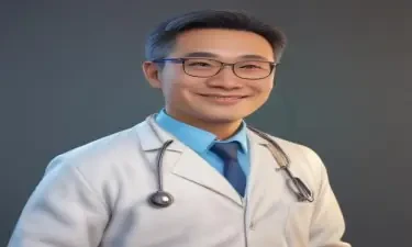 Can you draw a Chinese middle age doctor wearing glasses and white gown and with stethoscope on his shoulders smiling