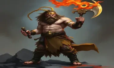 A 5E dnd charachter who is a male half-giant barbarian /paladin. He is profoundly strong, weilds a flaming axe, and wears almost no armor.
