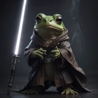 a jedi frog holding a light saber