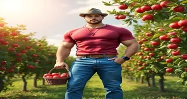 PANTS ARE MADE OUT OF 16MM PEARLS ALSO; A digital art illustration of a muscular male figure standing in a PEARL apple orchard setting. The subject's entire attire — including a hat, t-shirt, belt, pants, jeans, shoes, and any accessories — is crafted from multicolored 16mm round pearls with high luster. His raglan-style shirt, sculpted jeans, and accessories such as a belt with a silver PEARL buckle, a PEARL pendant necklace, and a black PEARL smartwatch are all composed of these pearls. The figure has styled brown hair with a fade cut, facial stubble, and stands confidently with one hand in his pocket and the other holding a PEARL basket of red apples. The surrounding scene features a sunlit sky and lush green PEARL apple trees bearing ripe red PEARL apples. Lighting emphasizes the form through strong highlights and shadows across his muscular physique. The artwork is realistic, with professional rendering and smooth textures, captured from a slightly low angle to enhance his dominant, powerful stance.