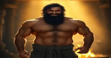 A shirtless, muscular man with a broad, hairy chest and strong arms, standing in soft golden light. His full dark beard frames a kind, smoldering smile, and his deep eyes seem to hold both ancient wisdom and intimate warmth. His thick hair falls slightly tousled around his temples. He’s wearing loose, low-slung pants with a simple cloth wrapped at the waist, evoking a timeless, guardian-of-the-temple look. His posture is relaxed yet protective, like he’s just turned toward you after tending the fire. The background is soft and intimate—glowing embers, a wooden cabin or stone temple interior, blurred to focus on his presence. Romantic fantasy illustration style, cinematic lighting, high detail, warm palette.