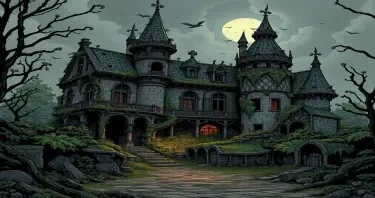 A once grand but now ruined, overgrown and collapsing noble estate in the city of Mordheim drawn in a comic gothic style.