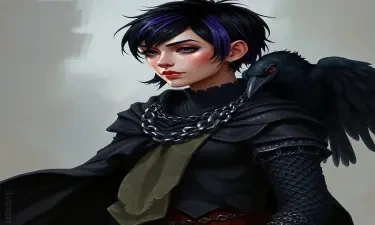 A 5E dnd character who is a half-elf cleric and warlock sworn to the mother of shadows. She wears chain mail, is slightly androgynous, has short black hair with purple streaks, and has a shadowy raven familiar.