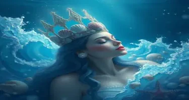 Beneath the waves, where the world sleeps in blue, lives a queen crowned in seashells and starlight too.