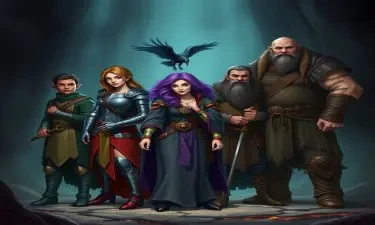 A five member dungeons and dragons adventuring party consisting of: A red-skinned thin male elven bard, a thin adrogynous female half-elf cleric/warlock wearing chainmail with a shadow raven familiar,  a curvy female half-elf warlock with purple hair wearing robes, a short but wide male dwarven ranger, and a very tall miscular male half-giant barbarian/paladin.
