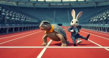 A Tortoise is calmly crossing the finish line of a track race. The Tortoise has a thin beard, is wearing glasses, and is wearing a polo shirt that covers the top half of his shell. Behind the Tortoise is a Rabbit. The rabbit is carrying scissors. The Rabbit has tripped and is falling and looks terrified. The rabbit is wearing a suit. The stands around the track are occupied with humaniform robots.