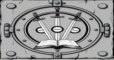A lage sealed door locked with a large sigil featuring three upside down swords over an open book. Upon the hilt of each sword is a dial containing the three words: Loyalty, Duty, Honor. Each in a different order. The art style should be comic style.