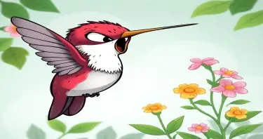 Please create a cartoon drawing  of a very sinister and strong looking hummingbird who is trying to take over another hummingbird's garden. for a children's book.