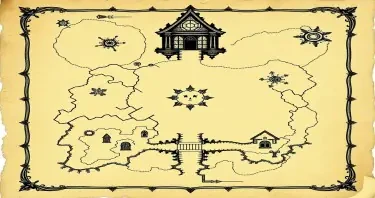 An ancient a weathered map of a gothic estate from the Metzinger family. The map should include secret doors, traps and secrets. The map should appear old, faded and hand drawn in a comic gothic style as if pages of an old journal. The map should be like that of a floor plan of the first floor of the mansion of estate.