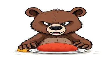 a cartoon drawing for a children's book of a sinister looking bear who has just cornered his dinner.  Front view of the bear