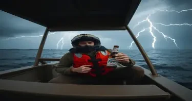 Man taking shelter inside a houseboat, crouched wearing a motorcycle helmet, life vest and clutching a coors light beer during a severe thunderstorm with strong winds