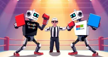 Illustrate a dynamic scene of “Rock 'Em Sock 'Em Robots” robots in a boxing ring. One robot wears a Google t-shirt, the other wears a Microsoft t-shirt. Both robots wield notebook binders as weapons instead of using their fists. The binder one robot has is red, the binder the other robot has is blue. A third robot, acting as the referee, wears a Perplexity-branded hat. The setting is vibrant and playful, emphasizing a friendly competition between the two tech giants, with clear branding on the robots and the referee. The style should be engaging and suitable for a professional blog post about AI productivity tools.