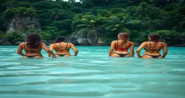 four sexy Brazilian girls wearing g strings with their backs facing the camera playing in the water at an exotic jungle beach location