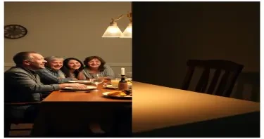 split-image concept: On the left, a family laughing at a dinner table (happy, secure). On the right, a dimly lit, empty chair at the same table
