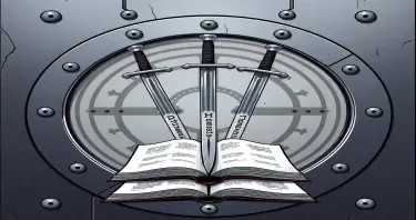 A lage sealed steel door locked with a large sigil featuring three upside down swords in front of an open book. Upon the hilt of each sword is written the words: Duty, Honor, Loyalty. Each in a different order. The art style should be comic style.
