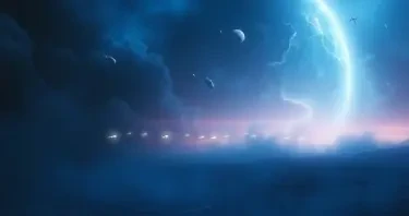 a huge storm on a blue planet in a galaxy far far away while a space battle happens in the background