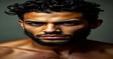 Sexy man with curly hair and short beard. He is in his twenties. he has thick lips. He is toned but not overly muscular. Aggressive look. Arabic features.