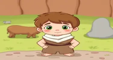 a cartoon drawn little boy with brown hair and green eyes at age 11 on a farm. This is for a children's book so make him cute, innocent and likeable for the reader to look at. I would like the same character doing the following: wearing caveman time period clothes. https://www.imagiyo.com/images/mxkaz6Y5aJ0P/view