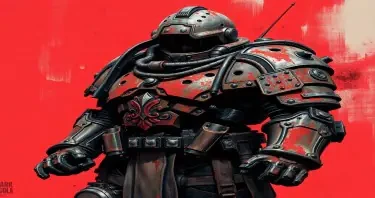 Photograph of space marine, dark souls, baroque, ancient, d&d, yoji shinkawa, rusty armor, high values, blood splattered, thick brush strokes, abstract red background, highly detailed