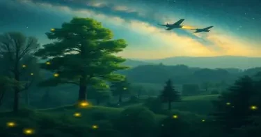 a far away land where trees are alive and people are frozon in place and their hair the equivellent of leaves. lots of spaceships fly around and fireflies light up the night sky