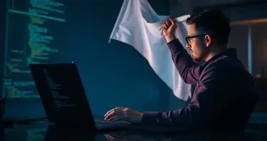 A Software-Developer working at his laptop with code line on the display. The developer is raising a white flag.