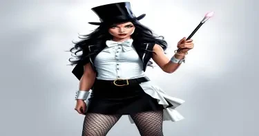 zatanna from DC comics. wearing a top hat, bowtie, white dress skirt, black skirt, and fishnets battle damaged clothing and torn fishnets magic wand and full body picture