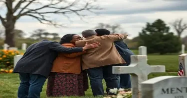 A family hugging at a graveside-A black family