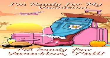 fun and colorful vacation poster in a retro-meets-Western style. A pair of frayed denim Daisy Dukes with rhinestone studs and a daisy flower on the pocket is draped over a cowgirl boot resting beside a pink rolling suitcase. The background features a sunset beach scene with palm trees, sparkles in the sky, and an airplane leaving a heart-shaped smoke trail. Nearby, a wide-brimmed cowgirl hat rests on a beach towel, next to a coconut drink and cat-eye sunglasses. Text in glittery retro lettering says: ‘I’m Ready for My Vacation, Y’all!’. The color palette includes soft pinks, golden oranges, denim blue, and hints of turquoise. Style is playful, feminine, and perfect for a southern summer escape.