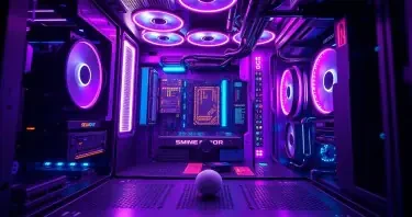 view from inside a computer where the viewer is very small and all the components look the size of sky scraper buildings. the computer is state of the art, a quantum processor and liquid cooling system with purple neon interior lighting. for scale the viewer is a golf ball and the computer is the earth