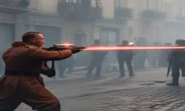 A human barbarian with a laser gun shooting Nazis in paris - large wide scale view showing the Nazis being shot - 1080x1920