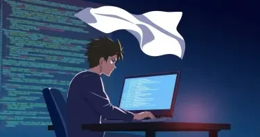 A Software-Developer sitting in front of his laptop. The laptop display shows code lines on it. The developer is raising a white flag above his head..