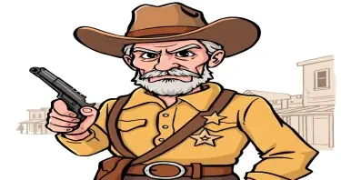 Create a cartoon drawing for a children's book of sheriff Wyatt Earp in Dodge city in 1875. Make him look tough and menacing with his gun in his holster and his star on his shirt.