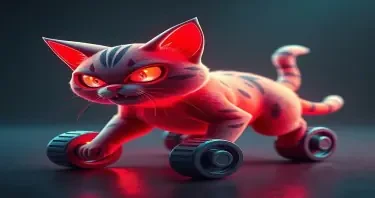 A cat with wheels for legs. Animated 3d art style