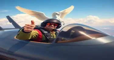 a fighter jet pilot sitting in the cockpit and giving the thunbs up gesture with a pegasus flying in the background