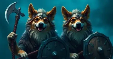 Two hananese dogs in viking disguise, with battle axes and shields.