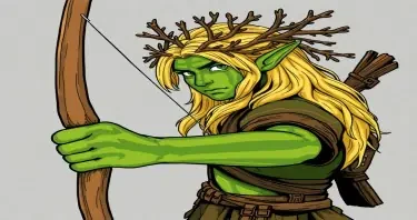 A warhammer fantast wood elf. Tall and blonde with tree branches decorating his hair and his skin painted with green stripes. Armed with a longbow ready to shoot. Drawn in comic style