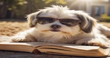 a havanese dog lying in the sun, wearing sunglasses and reading a book.