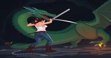 A woman wearing a white tank top and jeans with hiking boots holding a sword. Ready to swing her sword. In a fighting stance. Facing a large green dragon. She's fighting a large green dragon that looms over her, rearing it's head back ready to strike. The dragon is leaning forward, all four of it's claws on the ground, it's tail trails of in the darkness. Setting is a dark cave lit with torches