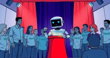 A magician on stage in front of people dressed in business casual or wearing t-shirts with tech company logos. The magician is robot. The robot is pulling a computer screen out of a hat