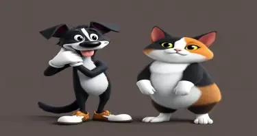 Cartoon characters with big white gloves and oversized shoes, rubbery arms and vintage 1930s cartoon design, Border Collie with right side of the face black, and a chubby tri-color cat with black, white and orange fur, both with expressive faces and old-school animation vibes