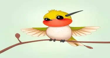 Please create a cartoon drawing  a very weak looking hummingbird.  Make her look very sad but likeable for the reader of a children's book.