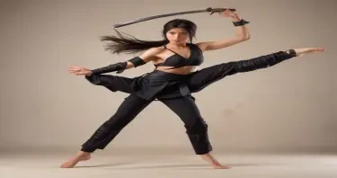 Create a full body female ninja in sword action. She is barefoot performing a high kick move and topless with breast that are defying gravity