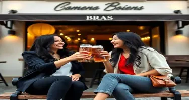 A candid moment of two extremely beautiful dark haired Portuguese women are sitting on a bench in front of a very stylish and trendy, modern bar . They are both smiling and laughing while they clink their glasses of beer together