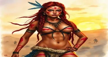 A watercolor painting of a strong, red-haired tribal warrior woman standing confidently in a windswept, post-apocalyptic landscape. She has long braided hair with a feathered accent, vibrant red warpaint across her face and body, and any jewelry and accessories fur and tribal inspired by nature. Her pose is heroic and proud, with a glowing sunset in the background casting warm hues. The style is soft, atmospheric watercolor with fine detail on her facial expression and body paint.  She has dark skin like a half black girl. Her microbikini is so small and tiny and tight it looks painted on and blends in with her warpaint. Her bottom clothing is a tiny fur thong