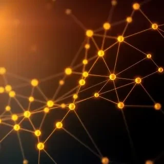 A blockchain network visualization with interconnected golden nodes and glowing lines on a dark background, abstract technology art, cinematic lighting